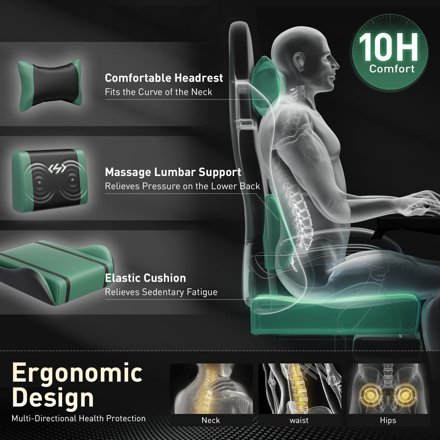 HLDIRECT Gaming Chair, Ergonomic Video Game Seat with 360° Swivel & Lumbar Massage, Computer Chair PU Leather Cushion for Adults Home/Office Use (Black & Green)