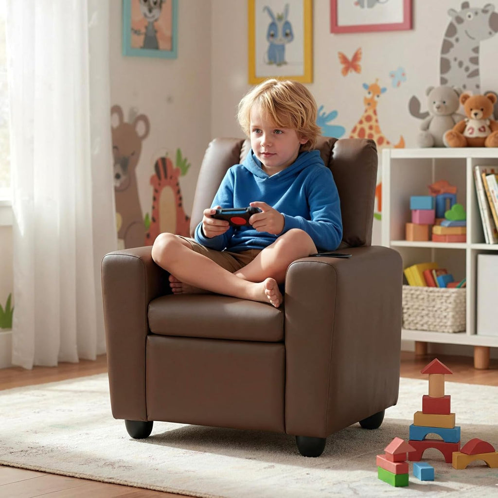 HONEY JOY Kids Recliner, 2-in-1 Toddler Armrest Sofa Couch with Cup Holders, Adjustable Footrest, PU Leather, Child-Size Recliner Chair for Boys Girls Age 3+ (Brown)