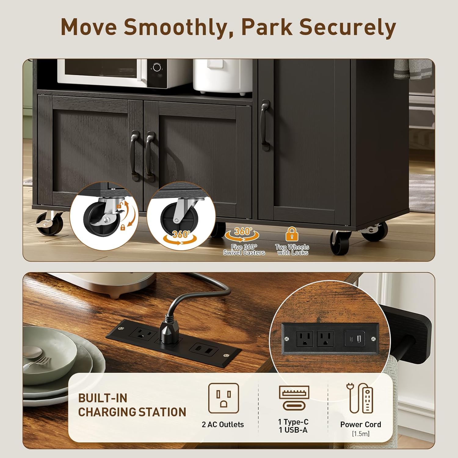 RALGEND Rolling Kitchen Island Cart with Drop Leaf & Power Outlet, Mobile Kitchen Island on Wheels, Island Table with Storage Cabinet, Microwave Shelf & Wine Rack for Kitchen, Black & Rustic Brown