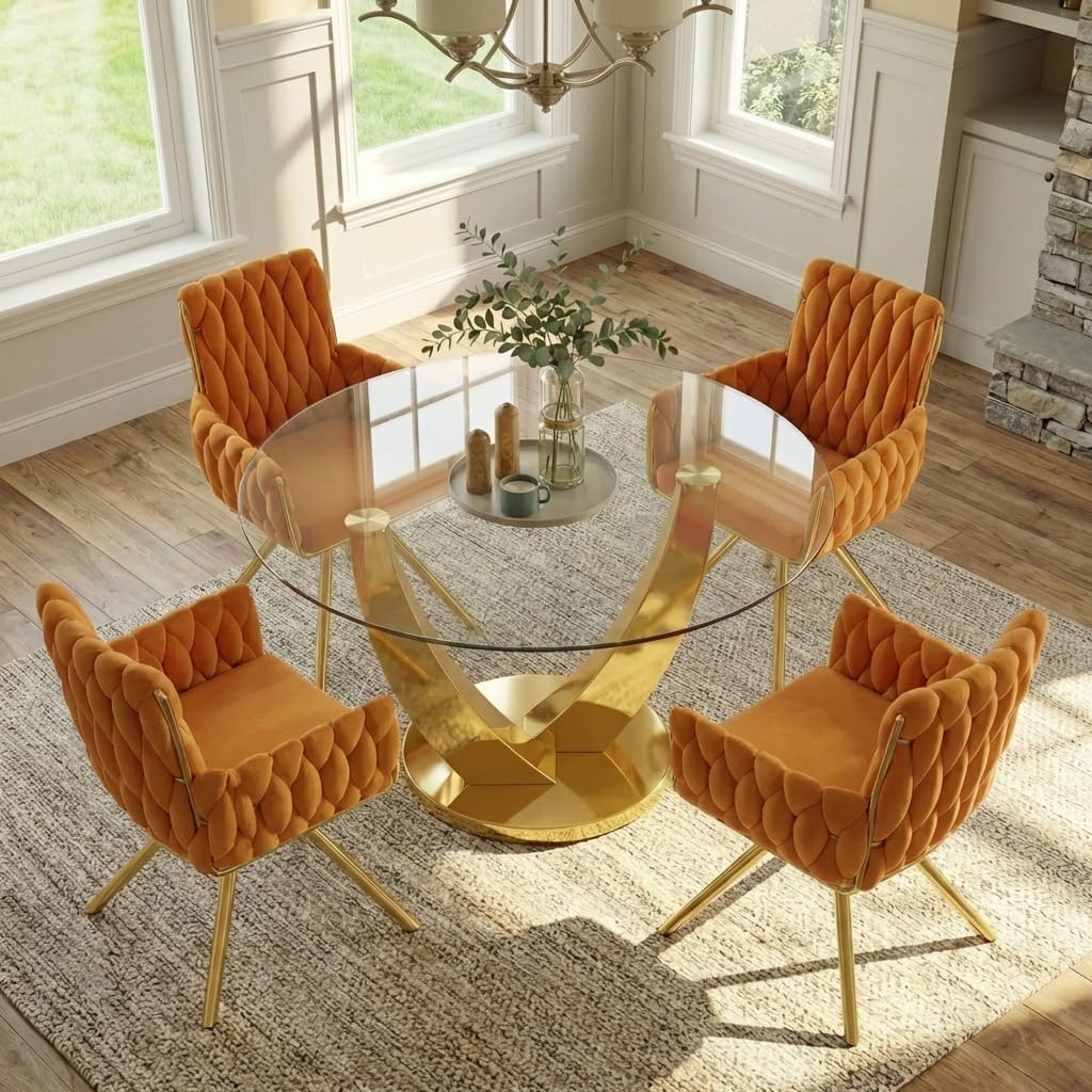 47.2" Round Glass Dining Table for 4-6, Modern Kitchen Table with Tempered Glass Top & Stainless Steel Legs, Circle Dining Table for Home, Living Room, Apartment (Gold)