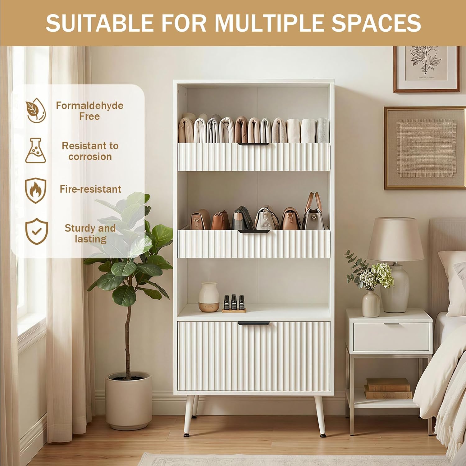White File Storage Cabinet & 4-Tier Multifunctional Storage, 51.1”Tall Storage Cabinet, Narrow Storage Cabinet for Home Office, Bathroom, Kitchen, Pantry, Living Room, Bedroom