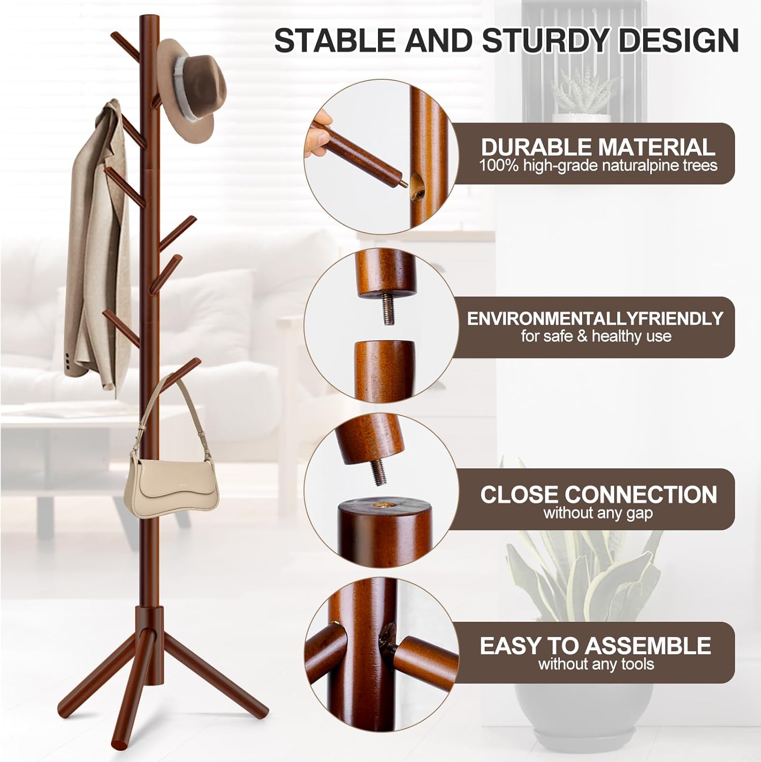 WANGMUXIA Coat Rack, Freestanding Coat Rack with 8 Hooks and 3 Adjustable Size Tree Coat Racks for Bedroom, Hallway, Entrance, Office, for Hats, Coats, Scarves, Handbags