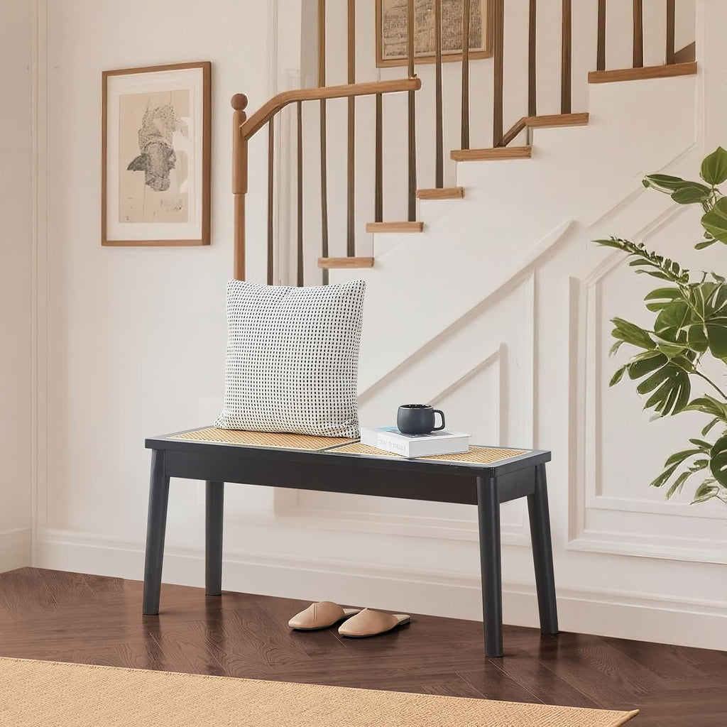 40" Wooden Dining Bench with Hand Woven Rattan Seat,Solid Wood Bench for Entryway,Living Room,Kitchen and Bedroom（Black，18" H