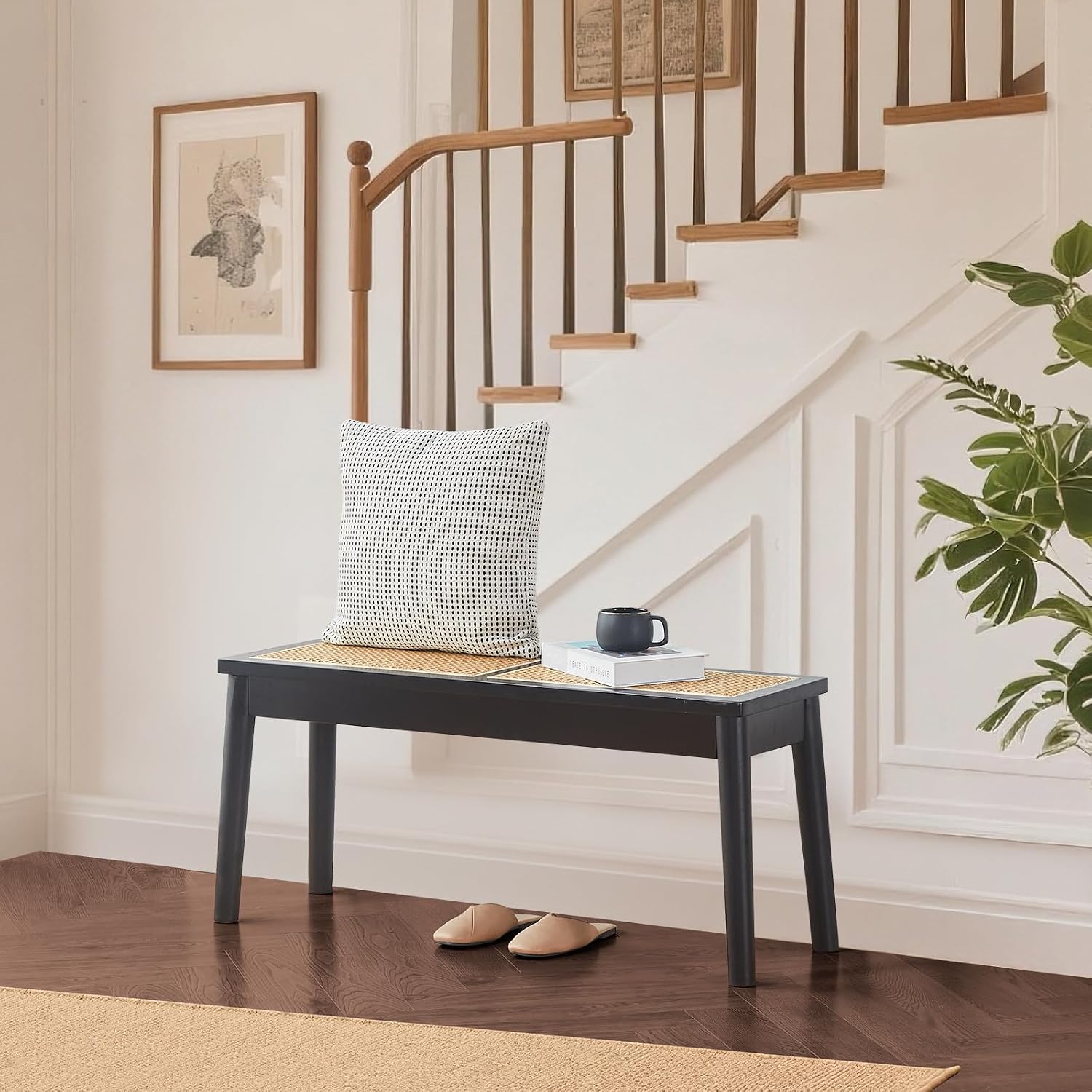 40" Wooden Dining Bench with Hand Woven Rattan Seat,Solid Wood Bench for Entryway,Living Room,Kitchen and Bedroom（Black，18" H