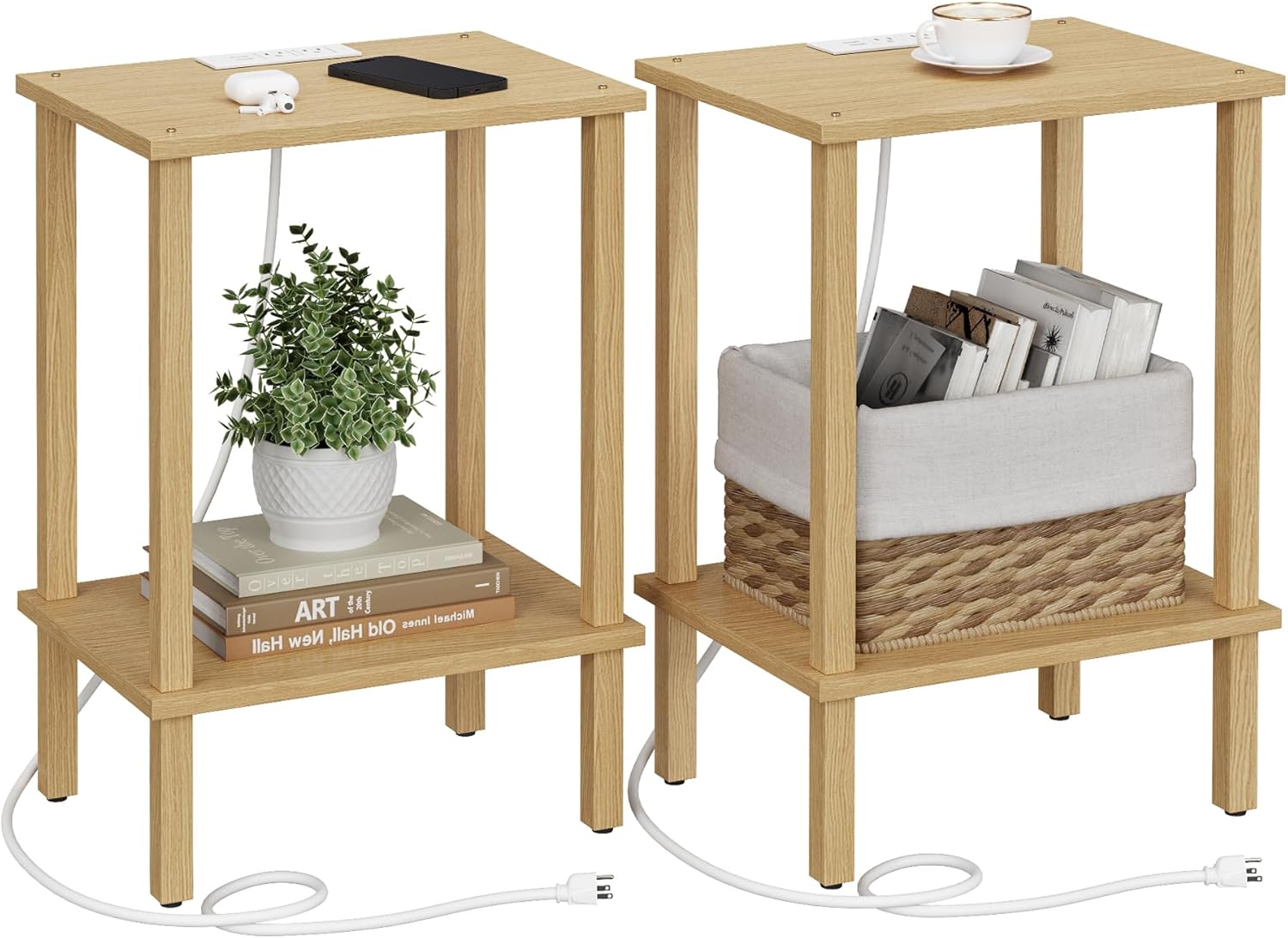 TUTOTAK End Table with Charging Station, Set of 2, Small Side Table with Outlets, Nightstand Bedside Table, 2-Tier Storage Shelf for Small Space, Living Room, Bedroom Natural TB01BN041