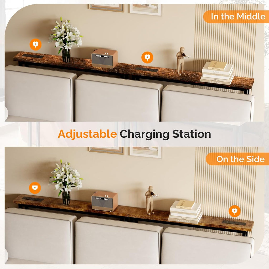 VINGLI 79" Console Table with Power Outlet, 5.9" Narrow Sofa Table Set of 2, Entryway Table with Charging Station & 4.9 Ft Extension Cord & Adjustable Feet, for Living Room, Hallway, Rustic Brown
