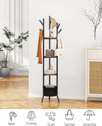 YMYNY Coat Rack, Freestanding Coat Stand with Storage Shelves, Hall Trees with 3 Wooden Shelves and 1 Fabric Basket, Metal Clothes Stand for Hats Bags Hallway Bedroom Rustic Brown UHGR005H
