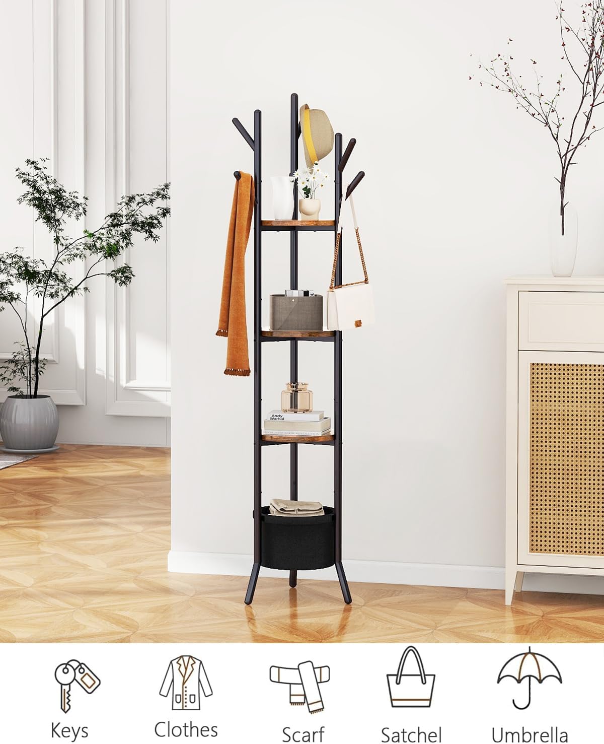 YMYNY Coat Rack, Freestanding Coat Stand with Storage Shelves, Hall Trees with 3 Wooden Shelves and 1 Fabric Basket, Metal Clothes Stand for Hats Bags Hallway Bedroom Rustic Brown UHGR005H