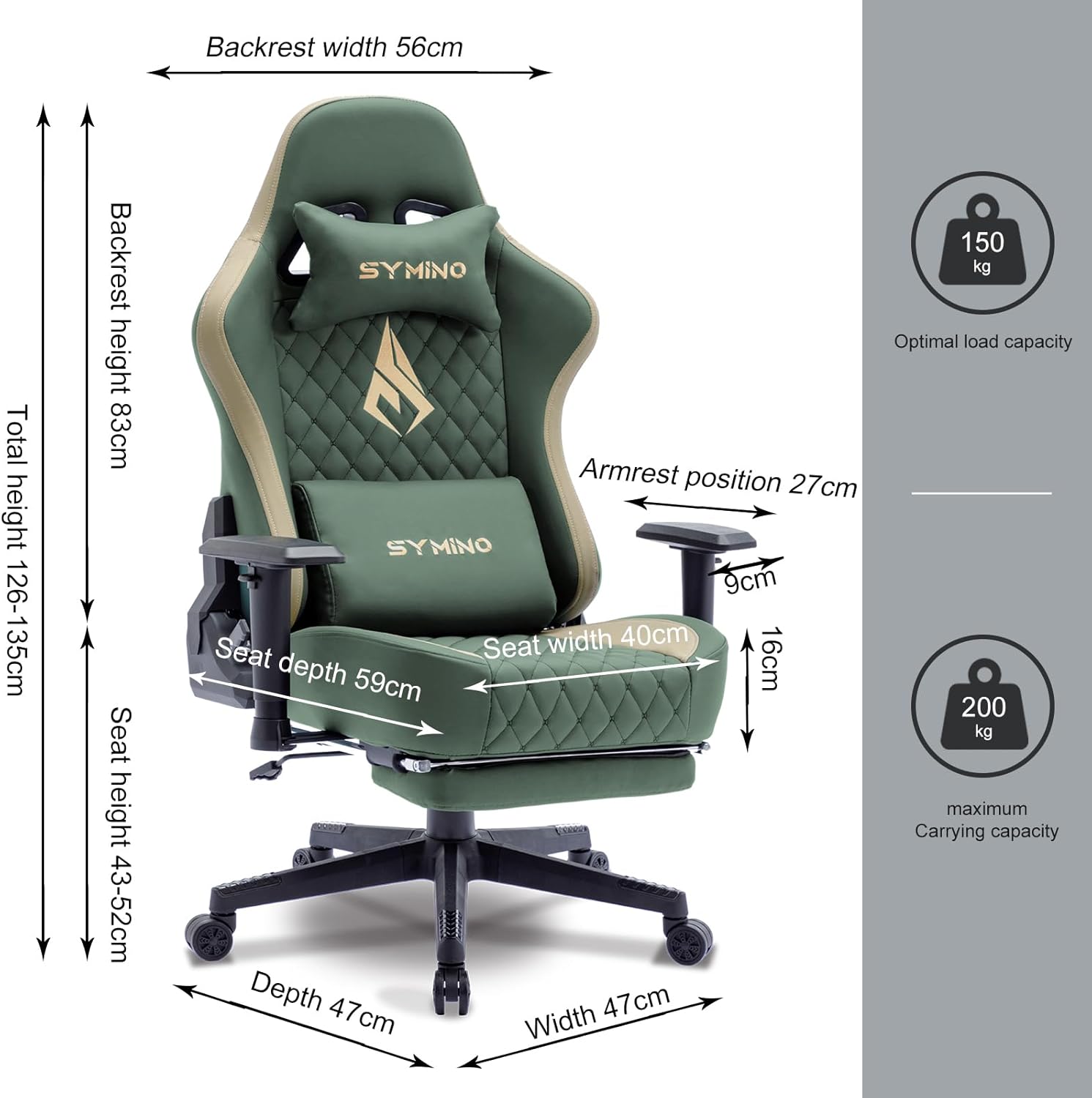 Symino Gaming Chair with Foot Rest, 2D Armrests PU Leather High Back Ergonomic Office Chair, 150° Recline Computer Desk Chair, Diamond Stitching, Green