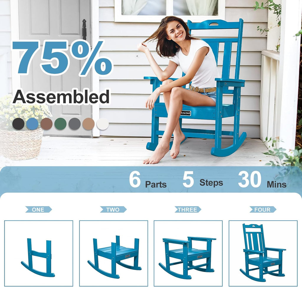 nalone Outdoor Rocking Chairs Set of 2, Oversized Porch Rocker Chair for Adult, All-Weather Resistant Patio Rocking Chair for Garden Lawn (Blue)