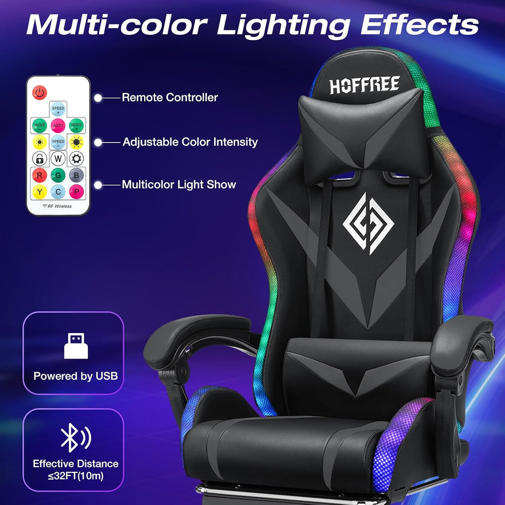 RGB Gaming Chair with LED Lights Massage Ergonomic Game Chairs for Adults High Back Reclining Computer Chair with Footrest Video Game Chair Lumbar Support Racing Style Gamer Chair Grey and Black
