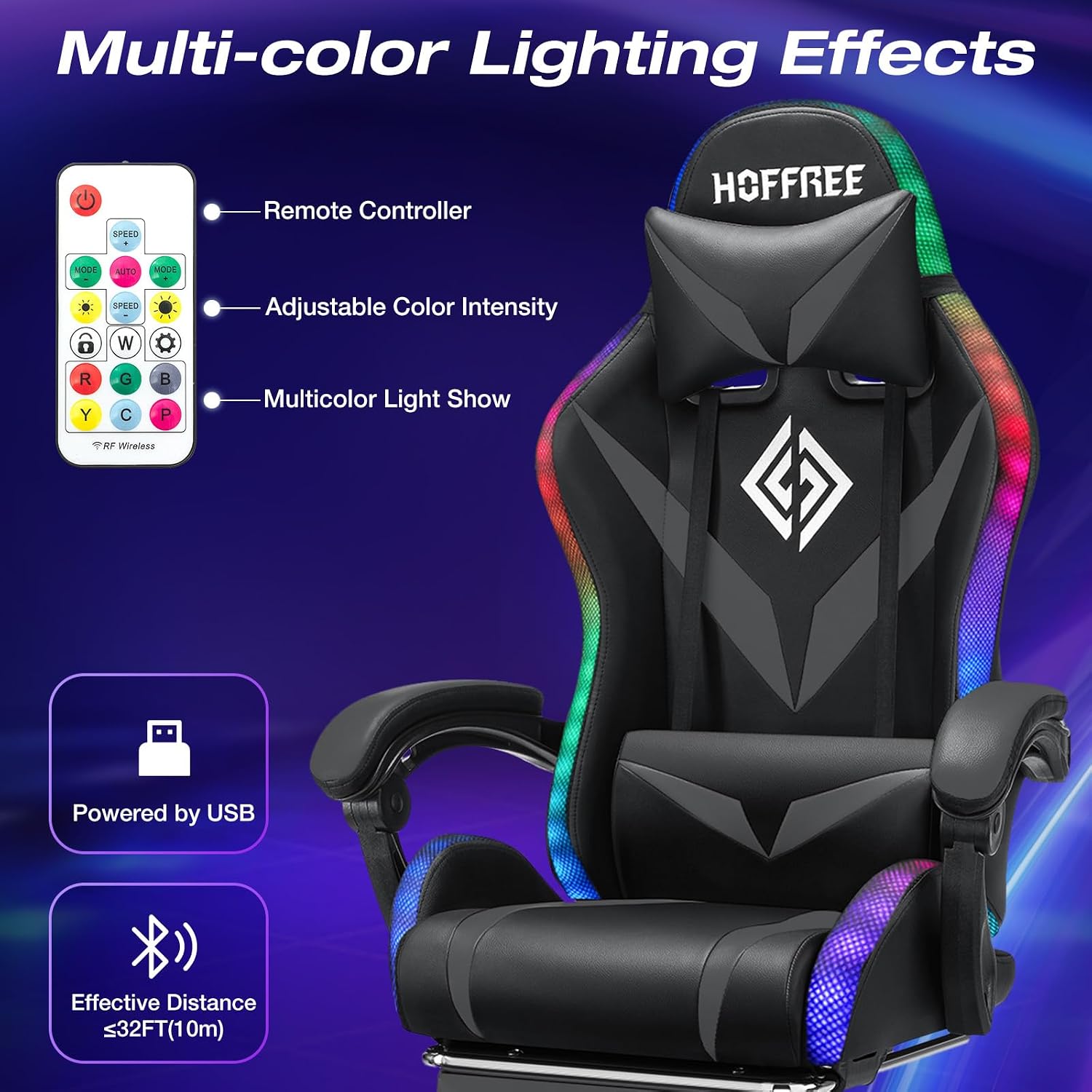 RGB Gaming Chair with LED Lights Massage Ergonomic Game Chairs for Adults High Back Reclining Computer Chair with Footrest Video Game Chair Lumbar Support Racing Style Gamer Chair Grey and Black