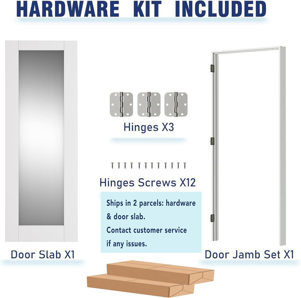 18" x 80" Pantry Door with Prehung Door Jamb, Right-Handed Interior Door, 1-Lite Mirror, White MDF with Hardware Kit