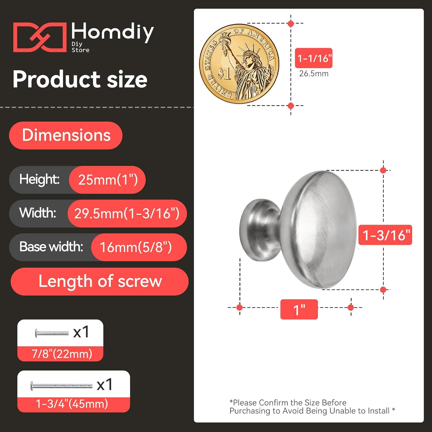 homdiy Brushed Nickel Cabinet Knobs 10 Pack, Satin Nickel Round Drawer Knobs, Heavy Duty Zinc Alloy, Rustproof Kitchen Cabinet Hardware for Bathroom Closet Dresser