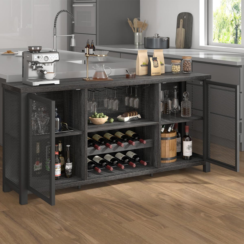 Launica Liquor Bar Cabinet, Industrial Wine Cabinet, Rustic Sideboard Buffet Cabinet for Liquor and Glasses, Coffee Bar Cabinet with Storage Rack for Home Kitchen Dining Room, Dark Grey Oak, 55 in