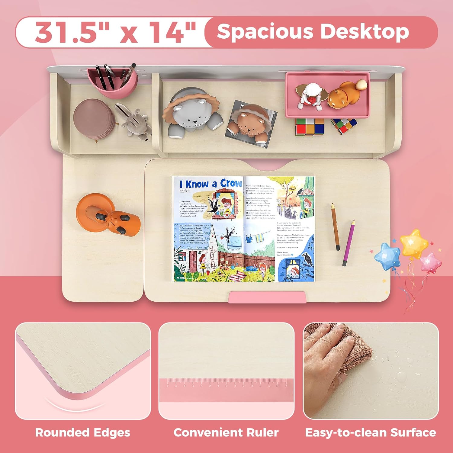 HONEY JOY Kids Desk, Children School Study Desk w/ 7-Level Tiltable Desktop, Height Adjustable Table w/Bookshelf, Pull-Out Drawer & Pen Holder, Student Writing Workstation, Desk for Girls Boys (Pink)