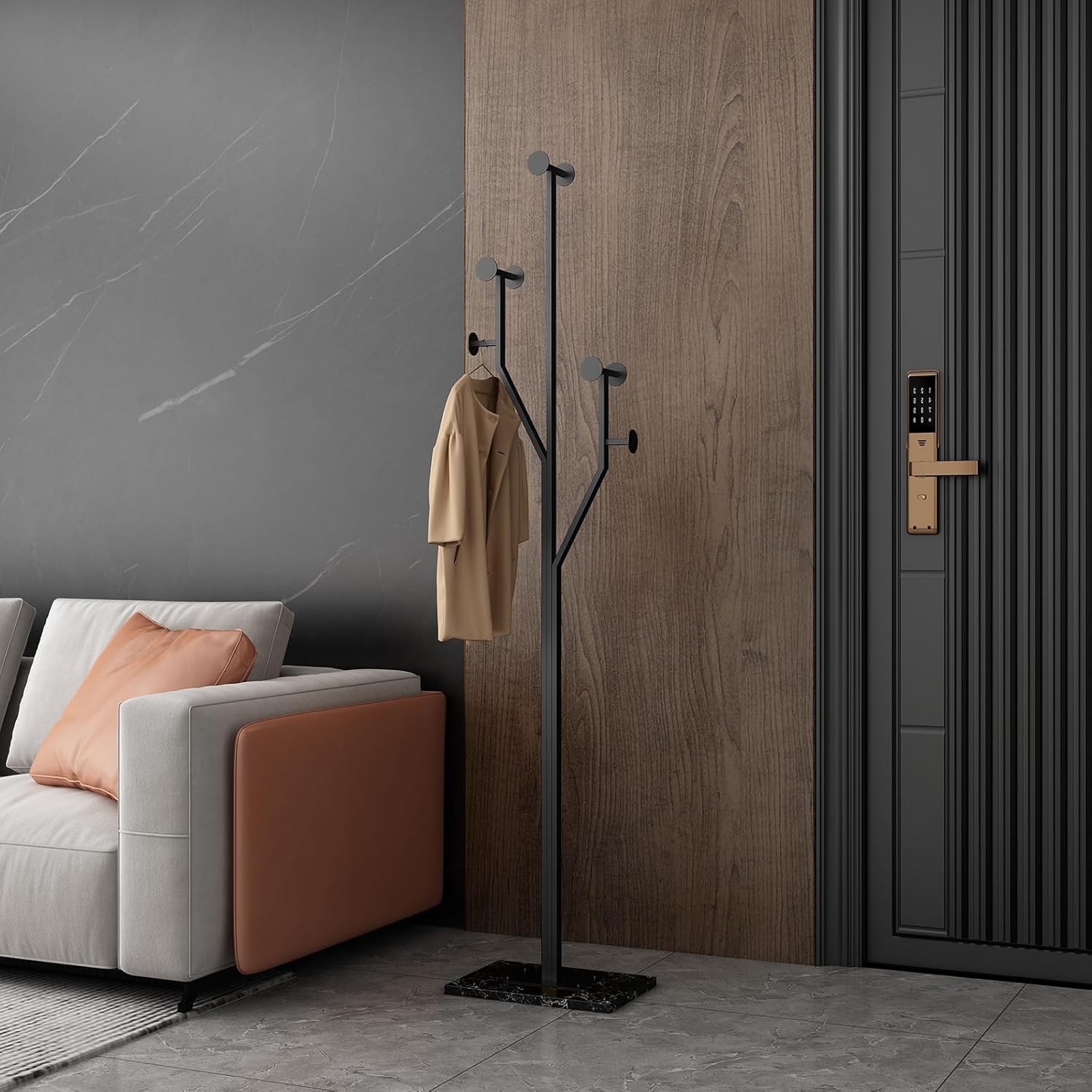 JIAYUEJU Freestanding Coat Rack Tree-shaped Metal Coat Tree with Heavy Duty Marble Base Corner Clothing Rack for Bedroom Entryway Hallway 14.96 x 10.24 x 68.9 Inches (Black)