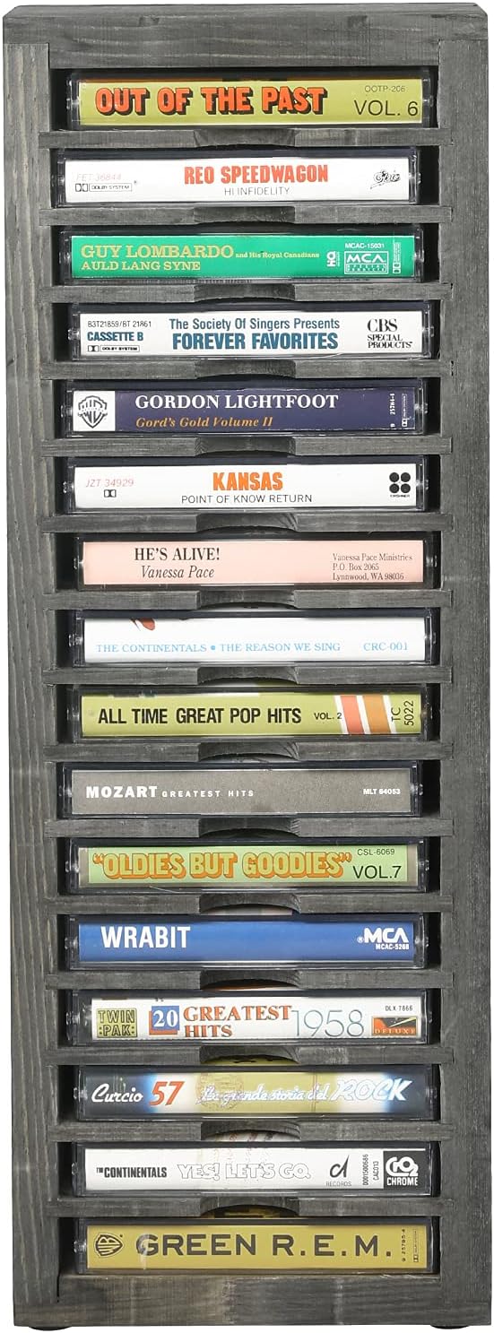 MyGift 16 Slot Cassette Tapes Tower, Vintage Gray Solid Wood Freestanding Audio Compact Cassettes Slotted Storage Rack, Analog Audiotapes Holder Stand, Fits Standard Cases Up to 0.7" Thick