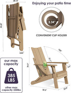 Folding Adirondack Chairs, All-Weather Resistant HDPE Patio Firepit Chairs, Sturdy Outside Chairs with Cup Holder, Pre-Installed Lawn Chairs Load Capacity 385lb, Weathered Wood
