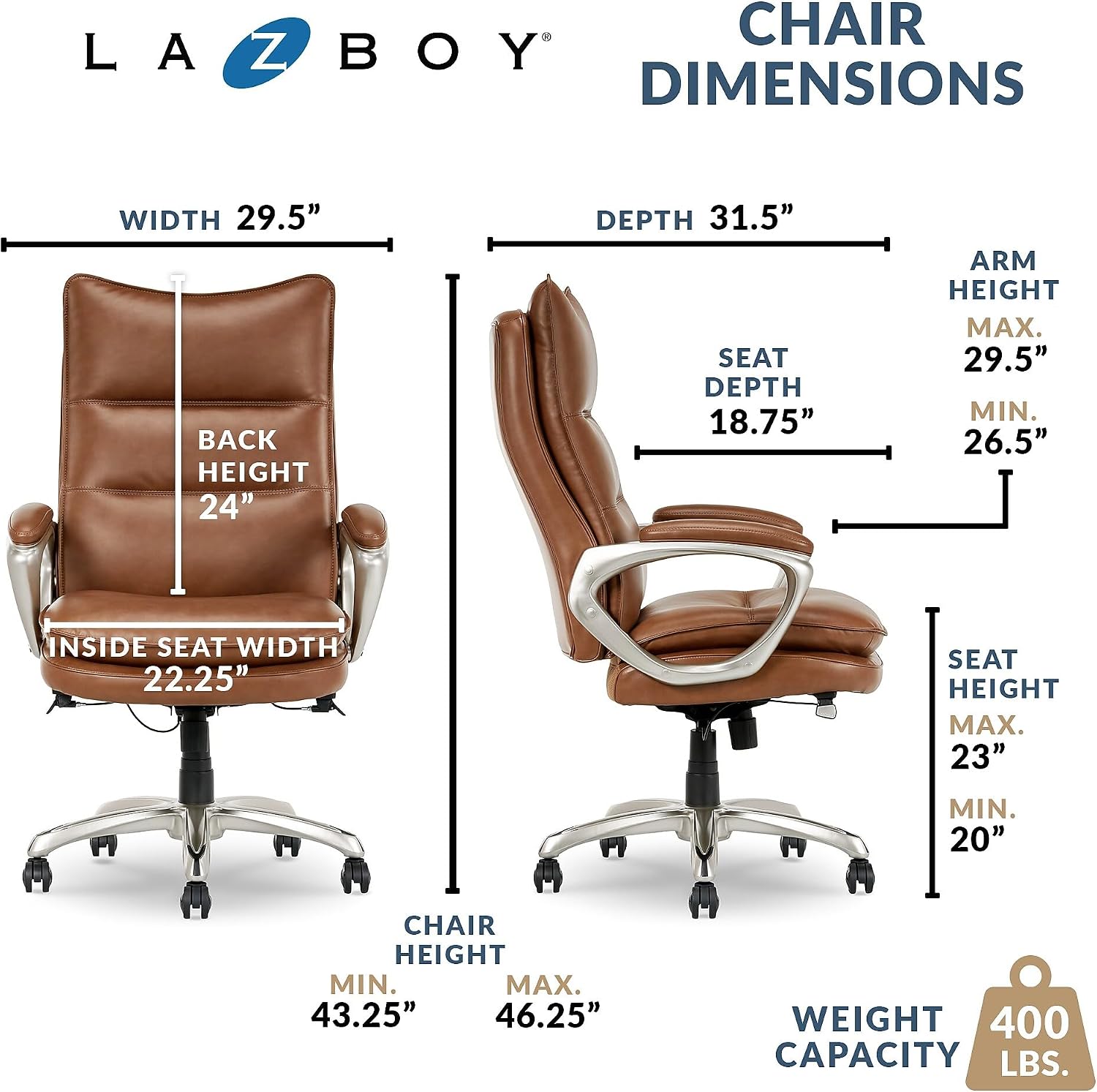 La-Z-Boy Jenkins Ergonomic Bonded Leather Swivel Executive Big & Tall Chair, Brown