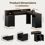 MALOL 63" Farmhouse L Shaped Executive Desk, Corner Computer Desk with Drawers & Storage Shelf, Home Office Desk with Power Outlet, Monitor Stand, Wood Grain Desktop, Black & Rustic Brown