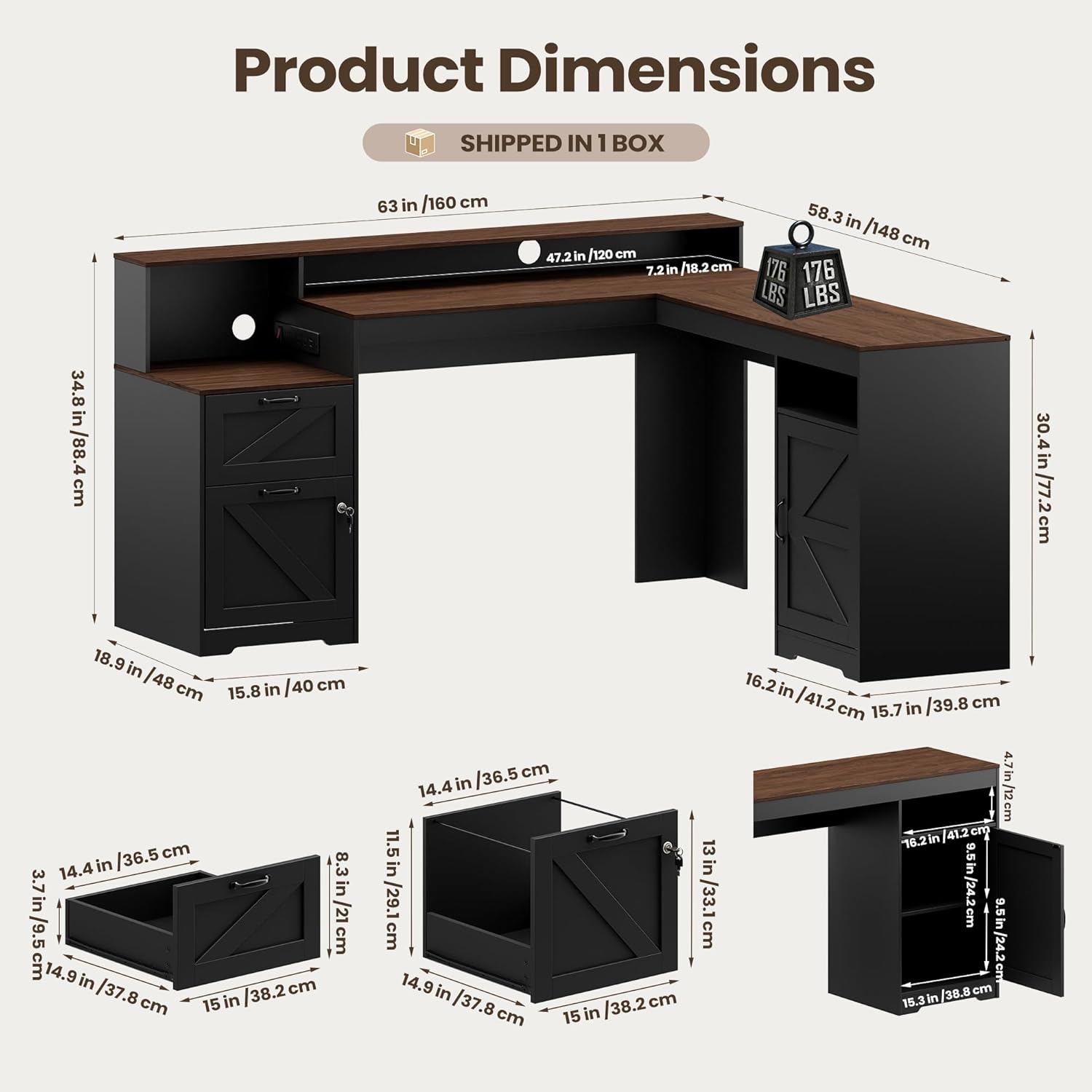 MALOL 63" Farmhouse L Shaped Executive Desk, Corner Computer Desk with Drawers & Storage Shelf, Home Office Desk with Power Outlet, Monitor Stand, Wood Grain Desktop, Black & Rustic Brown