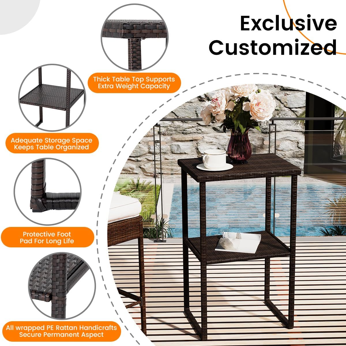 Sundale Outdoor Wicker Bar Table, 36 Inch Counter Height Patio High Top Dining Table, Rattan Bistro Pub Table with Storage Shelf for Deck Poolside Balcony Garden, Variegated Brown