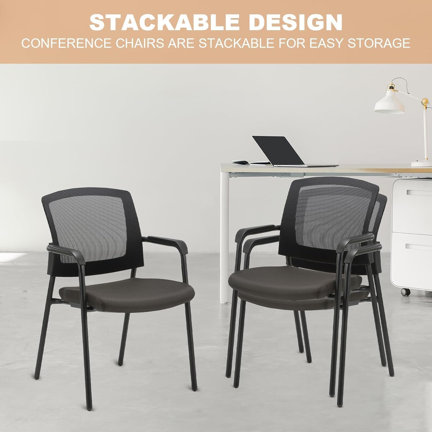 CLATINA New Classic Reception Guest Chair with Mesh Back and Armrests, Ergonomic Stacking Chair with Thickened Seat Cushion for Office Conference Waiting Room, Black (1 Pack)