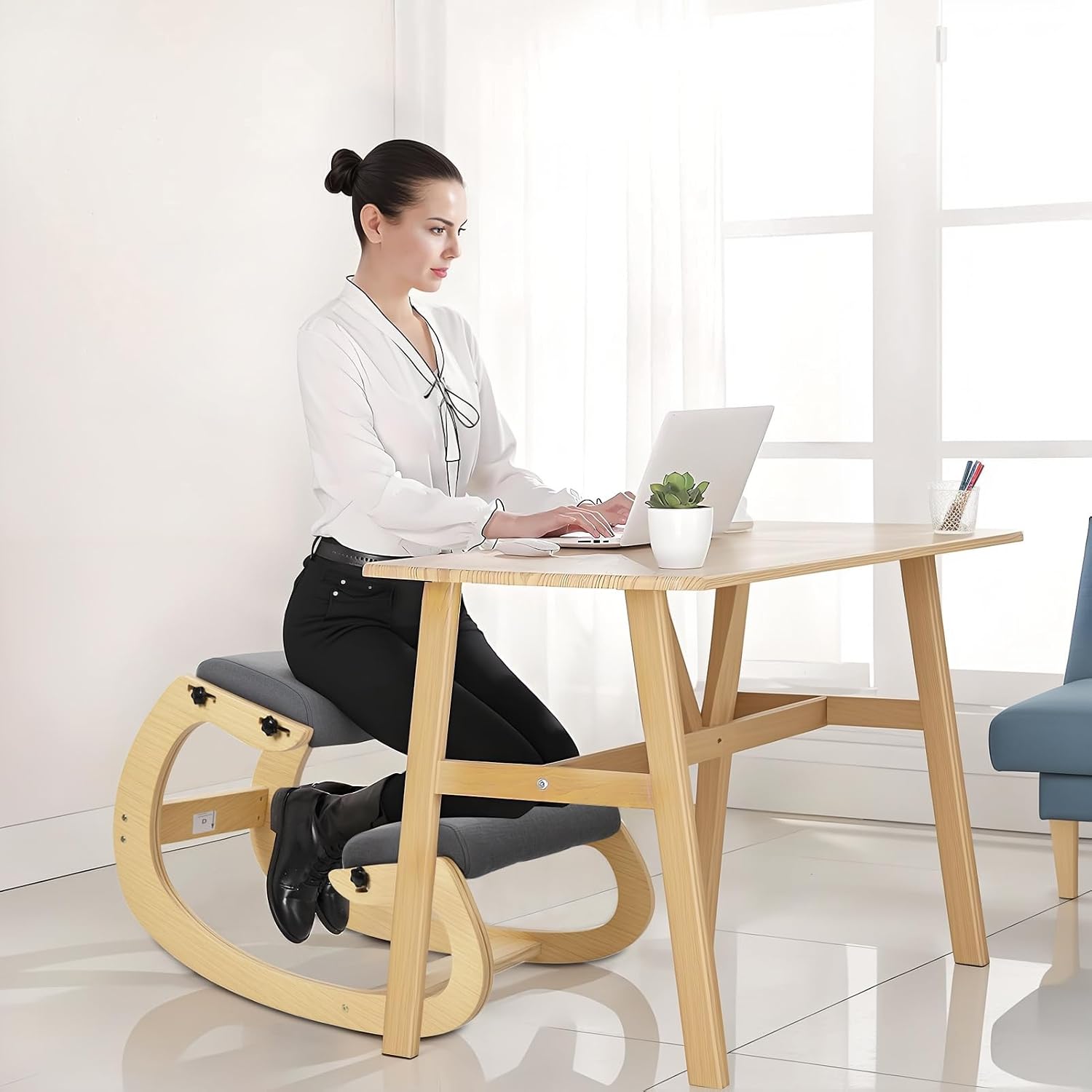 Kneeling Chair Ergonomic Posture Chair, Wood Adjustable Rocking Knee with Soft Padding, Natural Relief for Neck or Back Pain for Home Office, Max Load 258 lb