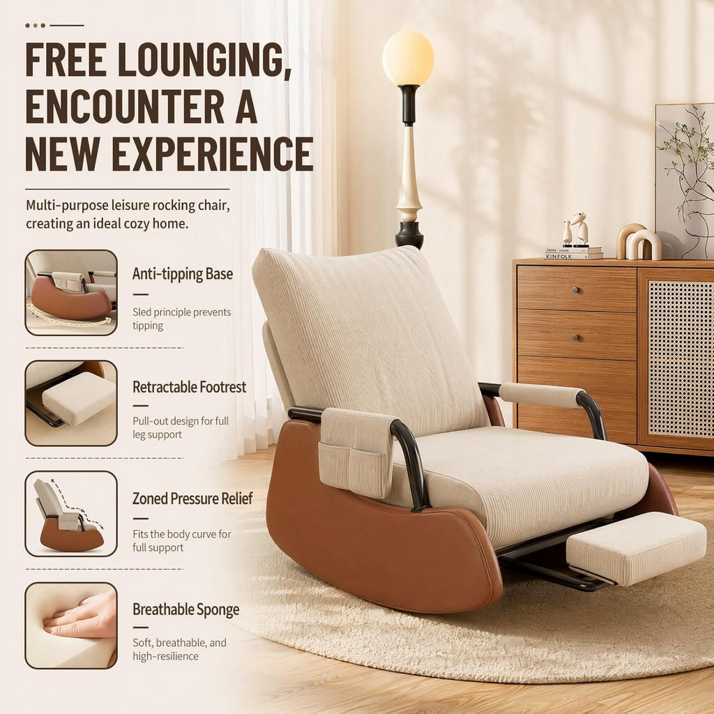 Nursery Rocking Chairs Gliding Rocking Chair with Retractable Foot Rest, 3-Position Adjustable Recline Two-Tone Corduroy Foldable Anti-Tip Sled Base Living Room