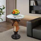 Deer Head Accent Table with Resin Animal Statue, Round Faux Marble End Tables for Living Room, Bedroom or Cabin, Bold Animal-Inspired Decorative Side Tables, Sturdy Accent Furniture for Home Décor