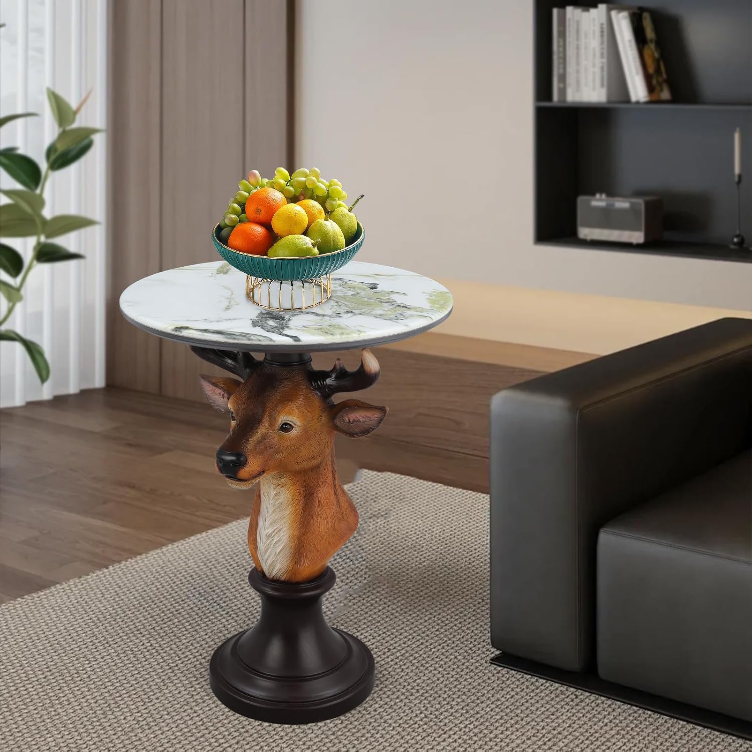 Deer Head Accent Table with Resin Animal Statue, Round Faux Marble End Tables for Living Room, Bedroom or Cabin, Bold Animal-Inspired Decorative Side Tables, Sturdy Accent Furniture for Home Décor
