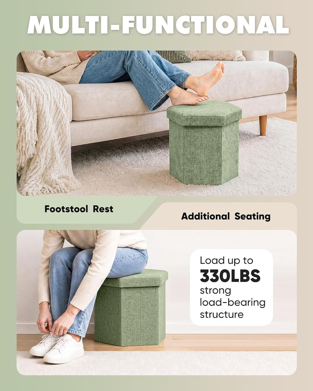 B FSOBEIIALEO Storage Ottoman Cube Hexagonal Pouf Ottomans, Foot Rest Seat for Sofa Footrest Entryway Shoe Footstool for Living Room/Bedroom/Entrway Chenille Green 16.93"x15"x15"