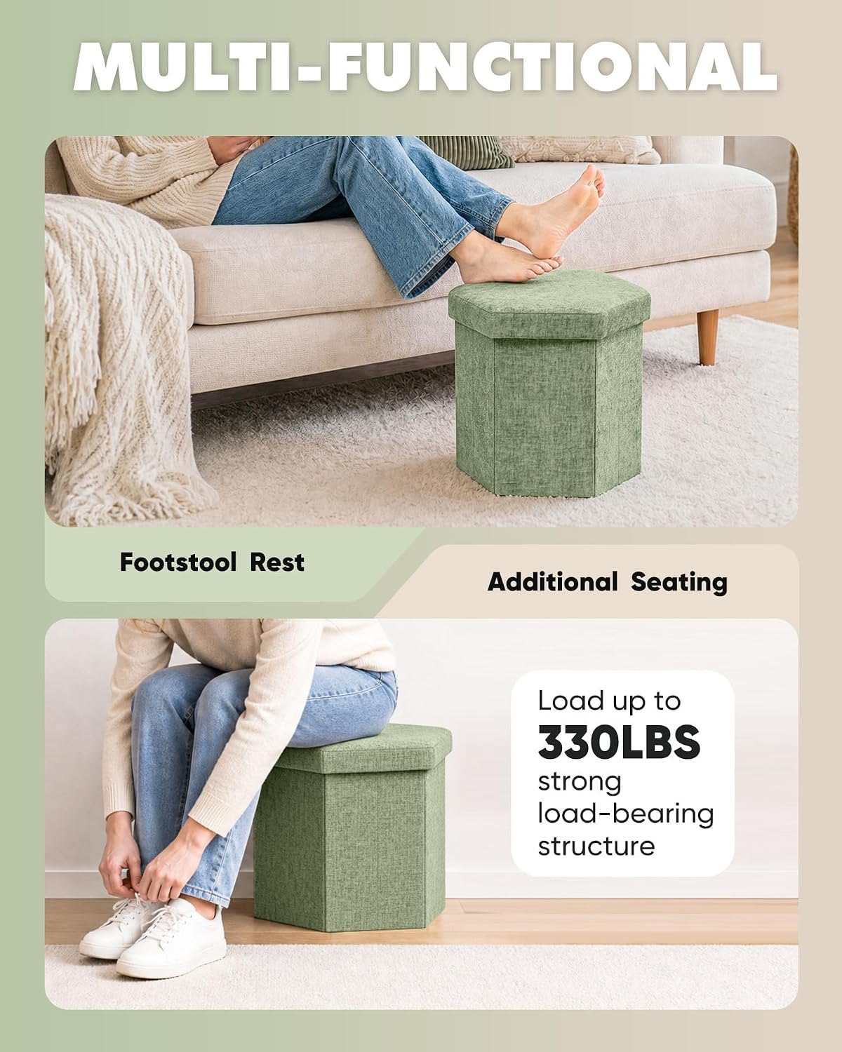 B FSOBEIIALEO Storage Ottoman Cube Hexagonal Pouf Ottomans, Foot Rest Seat for Sofa Footrest Entryway Shoe Footstool for Living Room/Bedroom/Entrway Chenille Green 16.93"x15"x15"