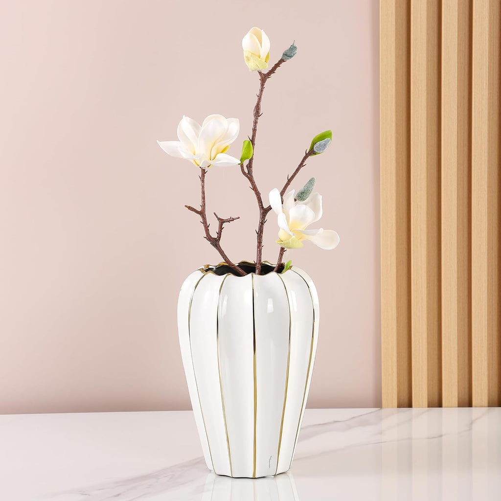 White Gold Ceramic Vase - Small Round Decorative Vase for Table Centerpieces, Wedding Decor, and Home (7.48 Inches Tall)