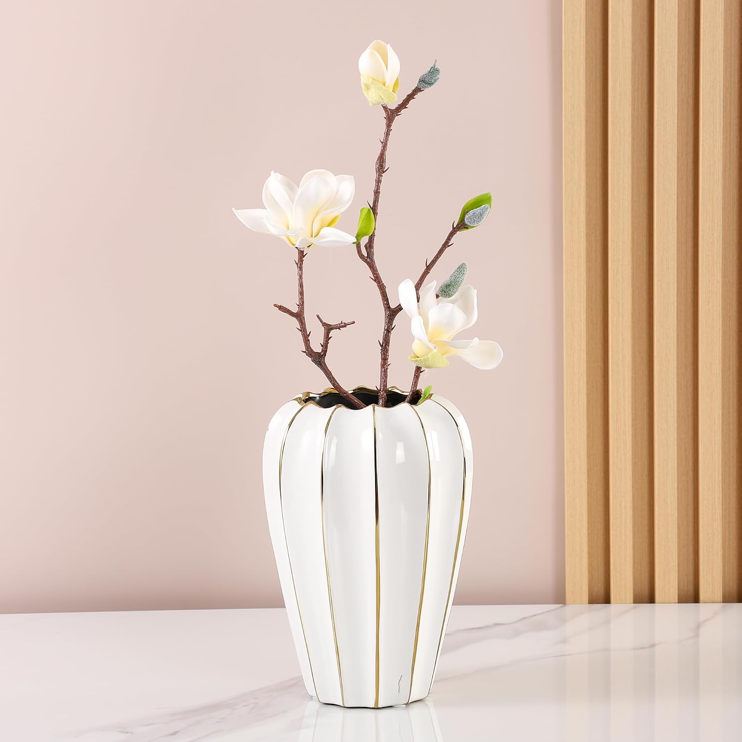 White Gold Ceramic Vase - Small Round Decorative Vase for Table Centerpieces, Wedding Decor, and Home (7.48 Inches Tall)