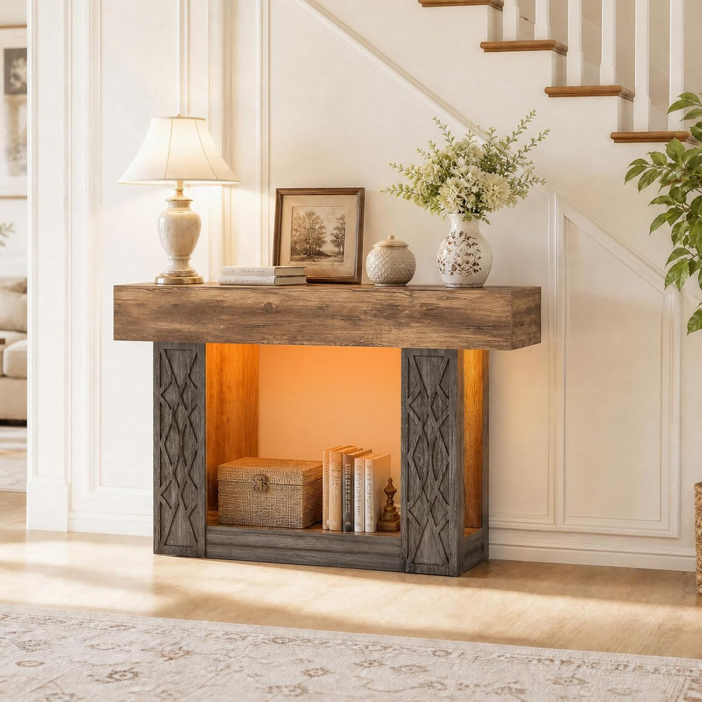Unikito 47" Console Table with Outlets & LED Lights, Farmhouse Entryway Table with Unique Geometric Pattern, Sofa Table Behind Couch with 2-Tier Storage for Living Room, Hallway, Foyer, Grey & Brown