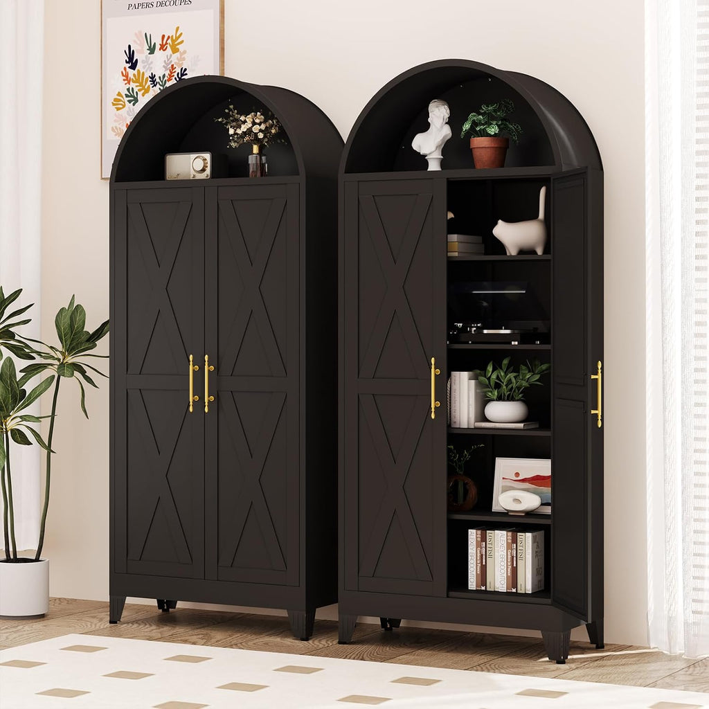 Metal Arched Cabinet, 73" Tall Kitchen Pantry Cabinet with 2 Doors & 4 Adjustable Shelves, Kitchen Storage Cabinets Cupboard for Bathroom, Living Room, Dinging Room (Black)