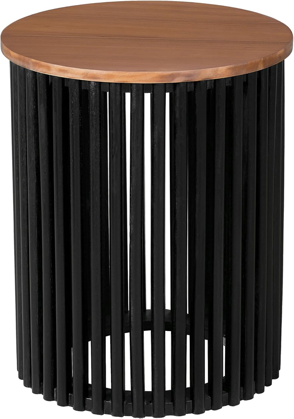 Round End Table, Modern Cylinder Side Table with Wood Top & Black Ribbed Base, Small Drum Accent Table for Living Room, Bedroom, Mid-Century Nightstand for Small Spaces
