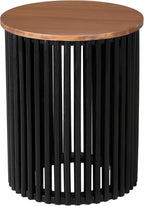 Round End Table, Modern Cylinder Side Table with Wood Top & Black Ribbed Base, Small Drum Accent Table for Living Room, Bedroom, Mid-Century Nightstand for Small Spaces