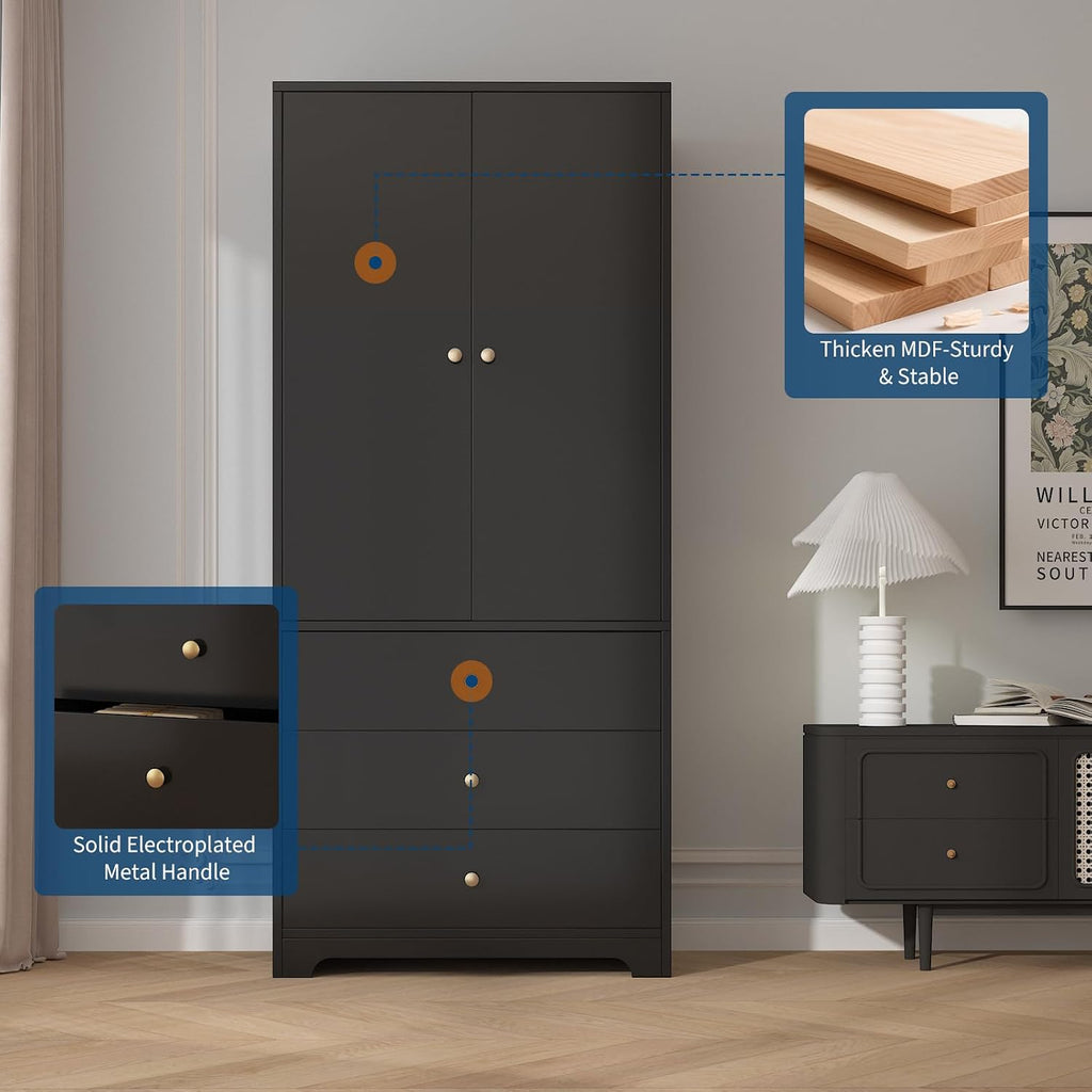 71" Armoire Wardrobe Closet, Bedroom Armoire Clothing Storage Cabinet | 3 Drawers & 2 Doors and Adjustable Shelves Modern Wooden with Aluminum Hanging Rod, Locker