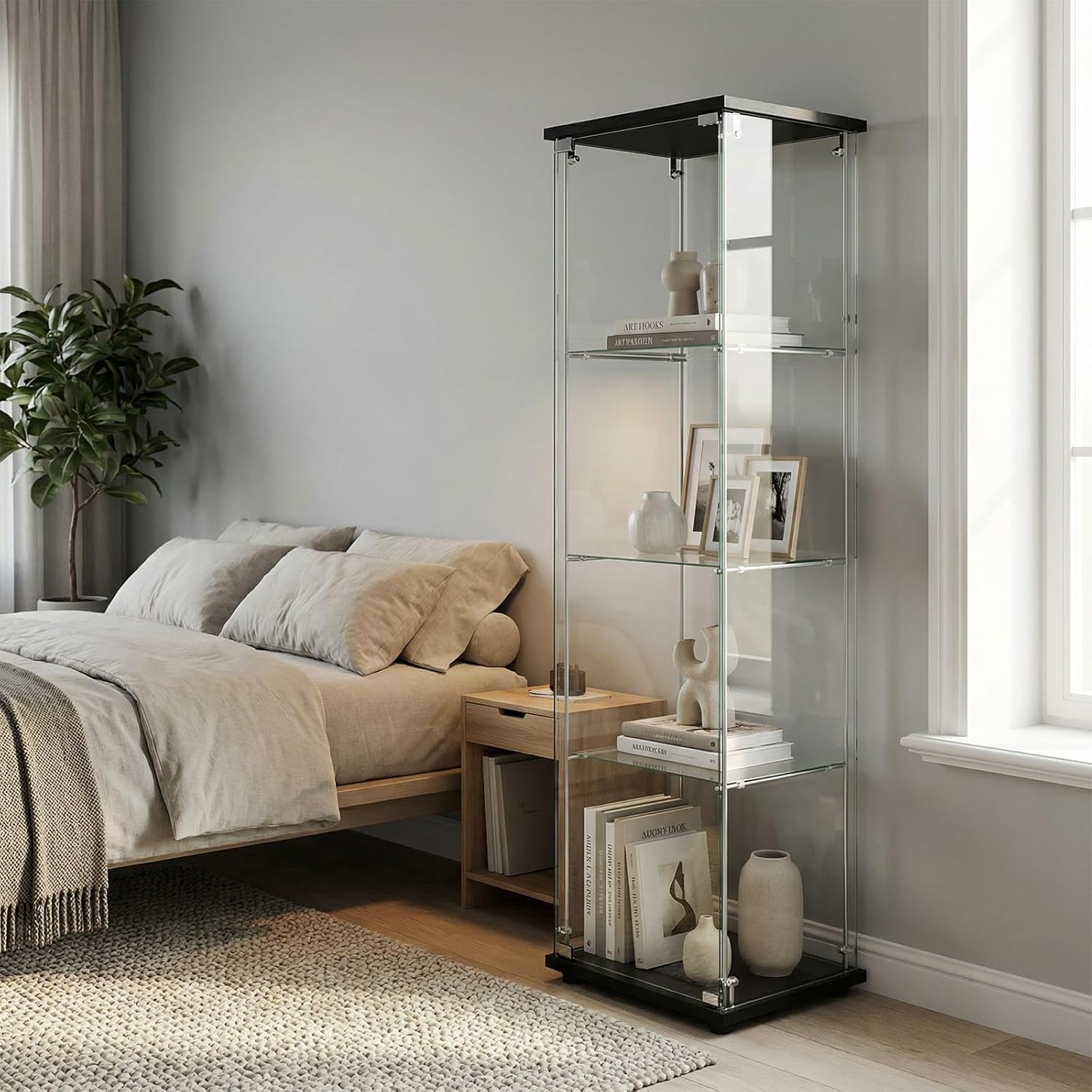 BEAUTYPEAK Tempered Glass Display Cabinet, 4-Tier Curio Cabinet with Glass Doors and Lock, Glass Display Case for Collectibles, for Living Room, Single Door, Black