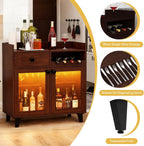 COCO DESIGN Small Wine Cabinet with Glass Doors, Liquor Bar Cabinet with Light for Alcohol, Buffet Coffee Sideboard with Adjustable Shelf for Kitchen, Walnut