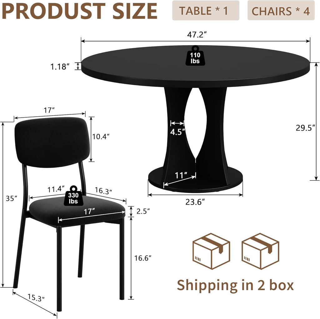 iPormis 47.2" Round Dining Table Set for 4, 5-Piece Kitchen Table & Chairs Set for 4, Dining Room Circle Table with 4 Upholstered Chairs for Small Space, Black Table + 4 Black Chairs