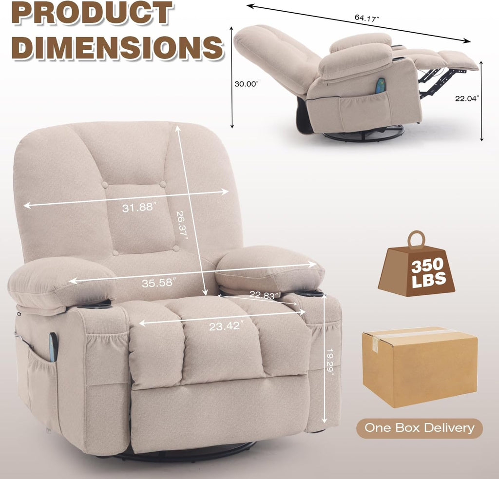 Rocker Recliner Chair with Massage and Heat, Oversized Rocking Nursery Recliners Overstuffed Swivel Glider with Cup Holder, Fabric Manual Single Sofa for Living Room, Beige