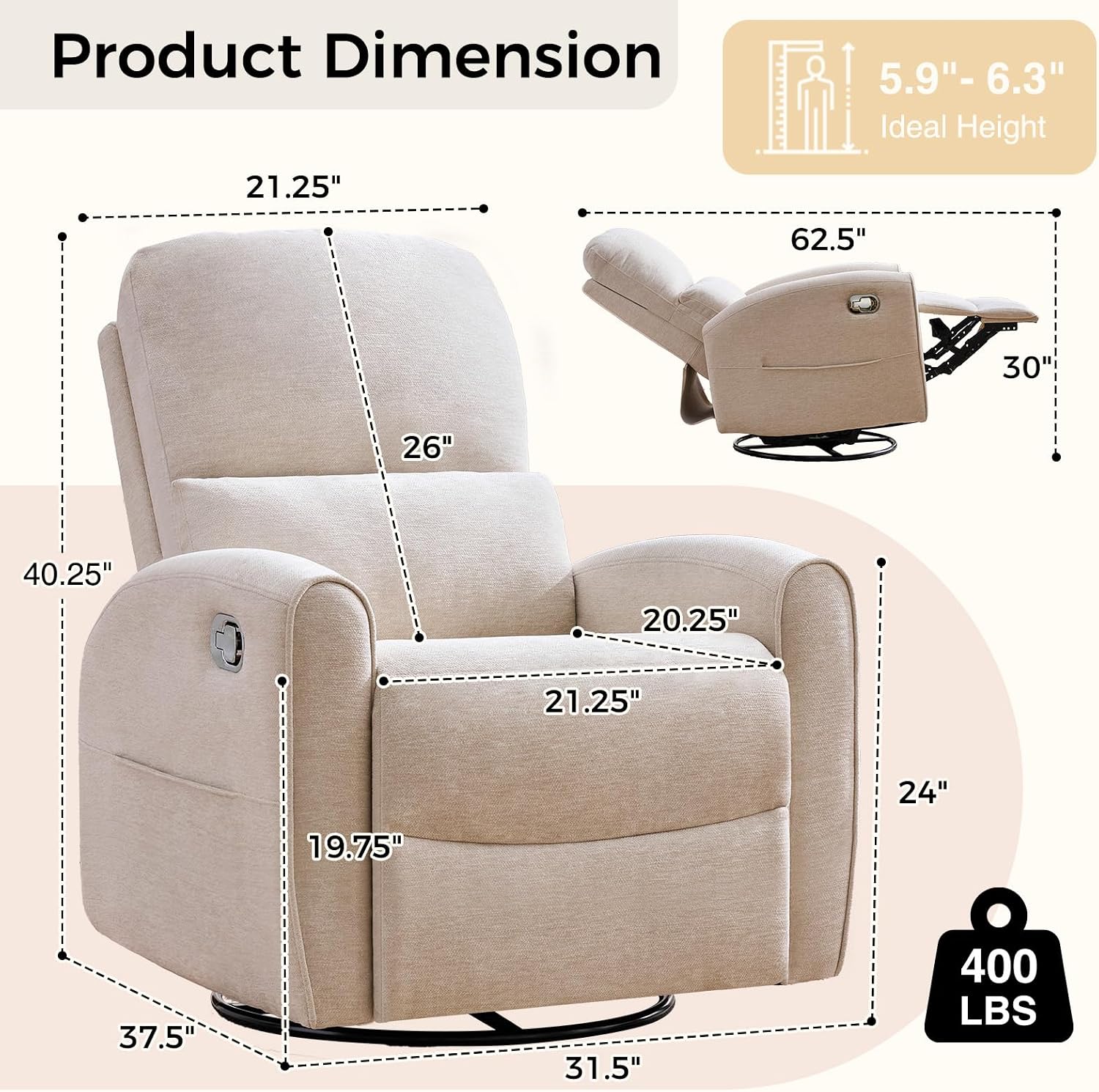 Swivel Rocker Recliner, Manual Swivel Glider Nursery Recliner Chair with Adjustable Headrest and Lumbar Support, Rocking Recling Chairs for Small Space, Living Room, Bedroom, Chenille Camel