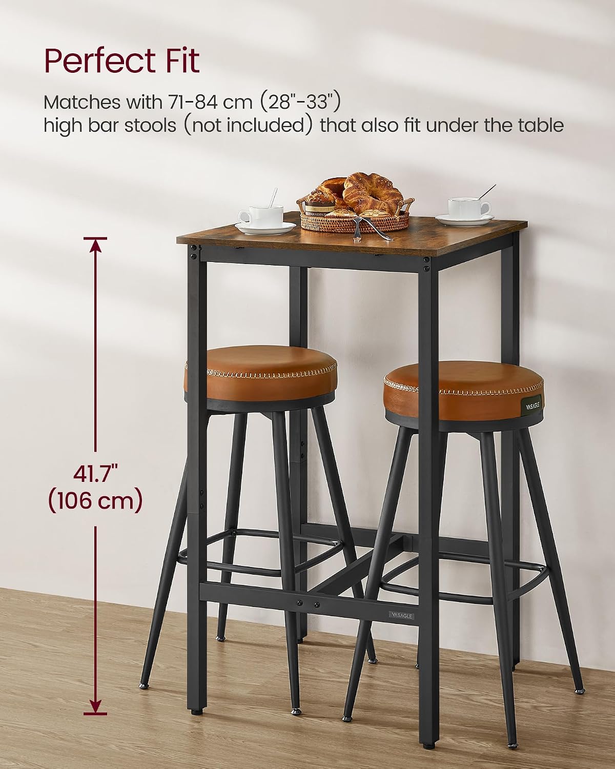 VASAGLE Bar Table, Kitchen Dining Table, High Top Pub Table, Bar Height Cocktail Table for Living Room Party, Sturdy Metal, 23.6 x 23.6 x 41.7 Inches for Narrow Spaces, Rustic Brown and Ink Black