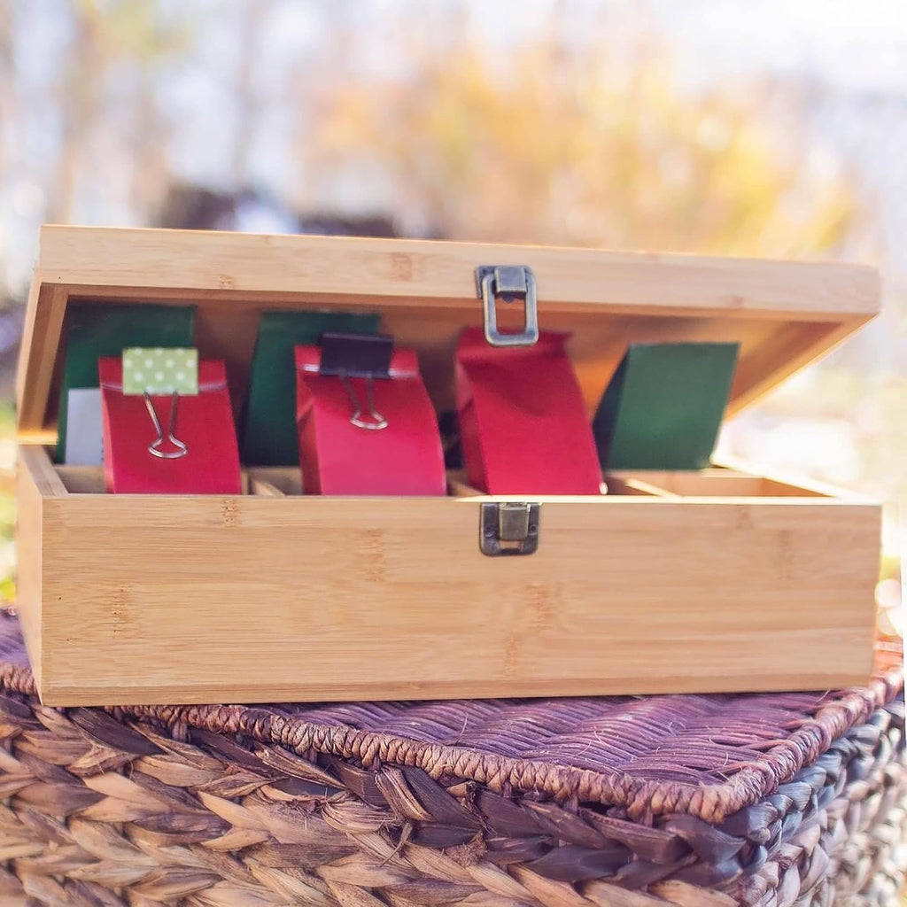 Tea Organizer Box Food Safe Chemical Free Bamboo Wood Storage Chest Big, Tall, Adjustable Cubbies (8-Slot 14.3" x 8.1" x 4.2" with TEA print design)