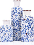 Blue and White Ceramic Vase Set of 3 – Vintage Floral Porcelain Pottery Vases, Rustic Decorative Vases for Flowers, Farmhouse Chinoiserie Home Decor, Table, Mantel, Living Room & Shelf Centerpieces