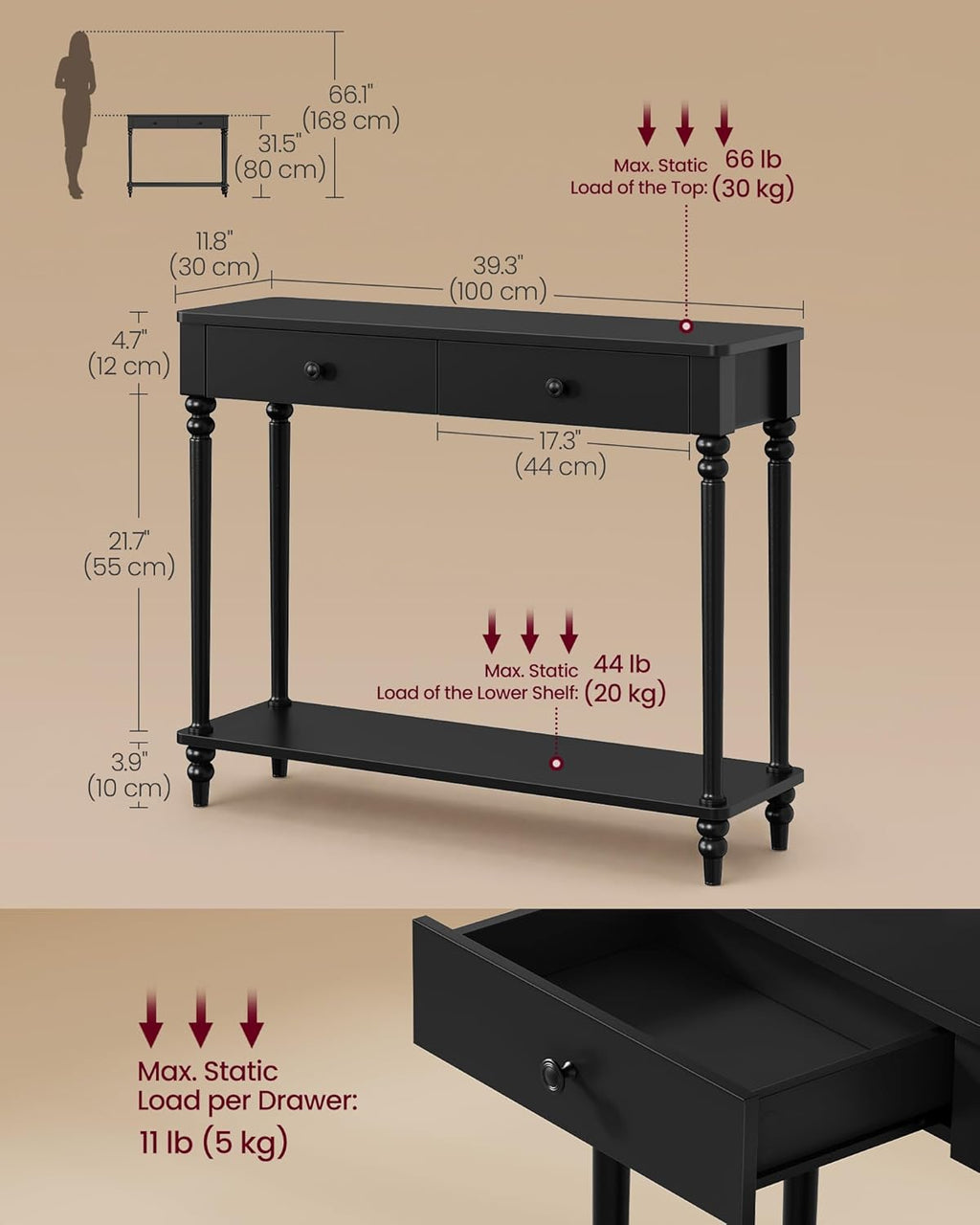 VASAGLE Mariel Collection - Console Table, Narrow Entryway Sofa Table with Drawers and Shelf, Solid Wood Legs, Mid-Century Modern, for Hallway Doorway Living Room, Ink Black ULNT139B101S